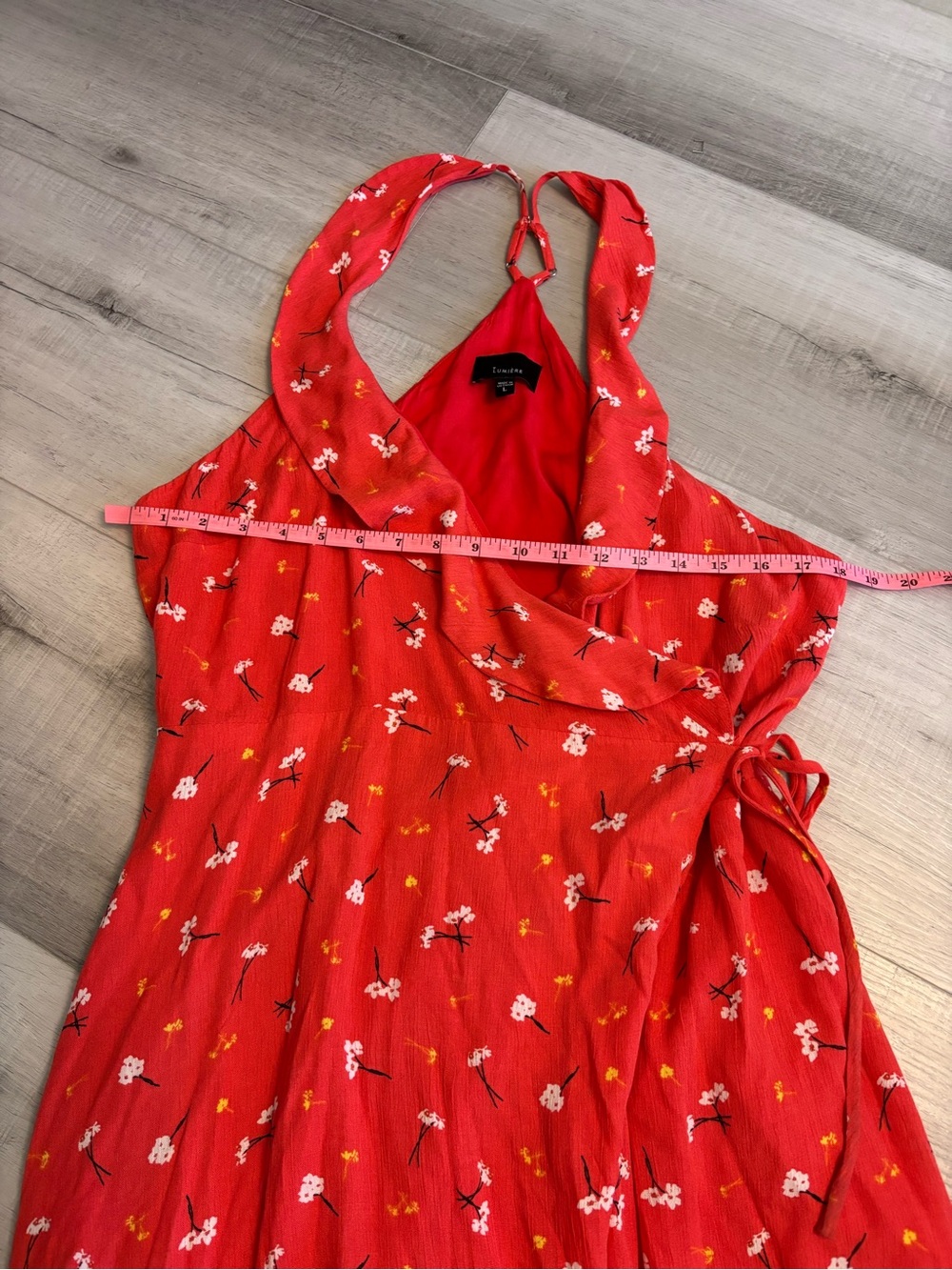 Lumière Floral Wrap Midi Dress Red Orange Halter Open Back Large - Picture 9 of 11